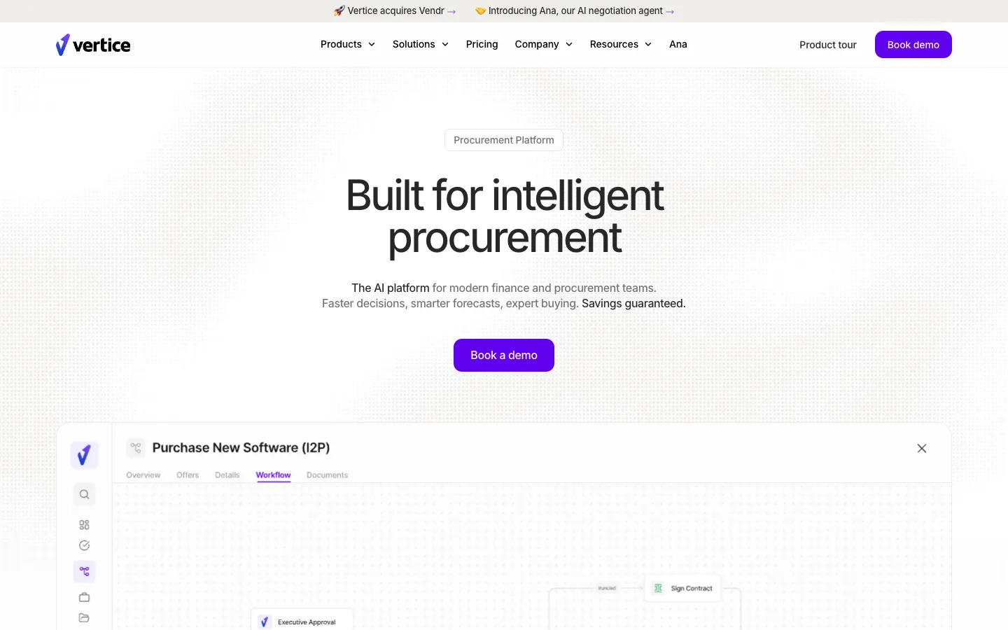 vertice homepage for its procurement platform, with a purchase new software workflow below the headline