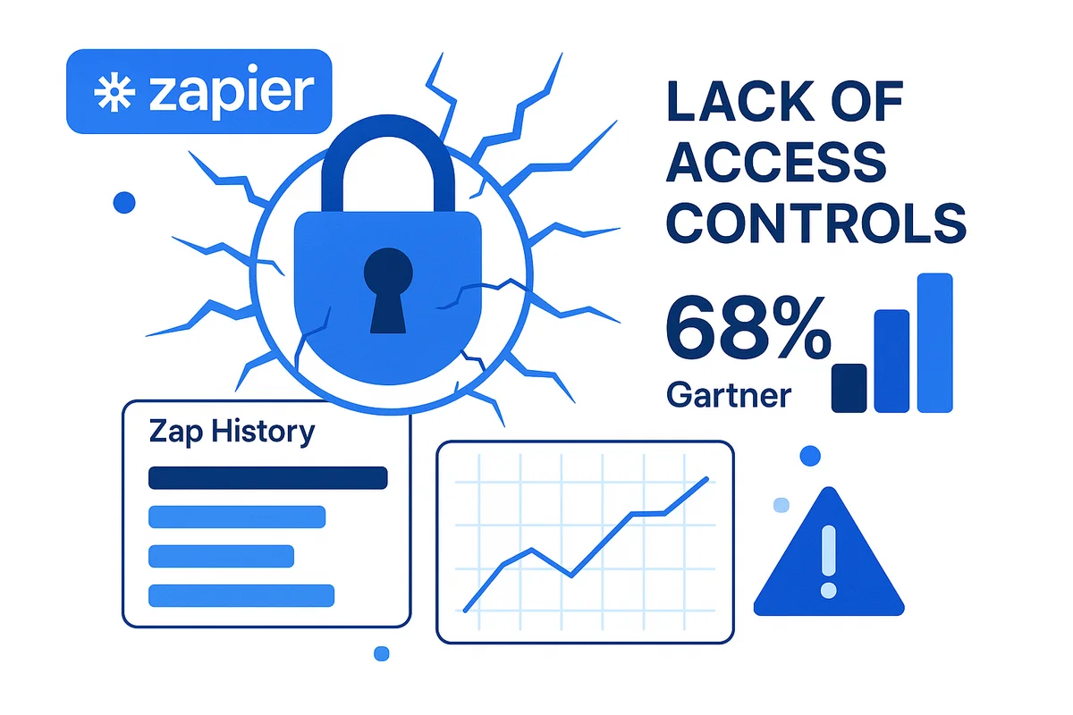 illustration of security vulnerabilities in zapier’s automation processes due to lax role-based access controls and api token management.