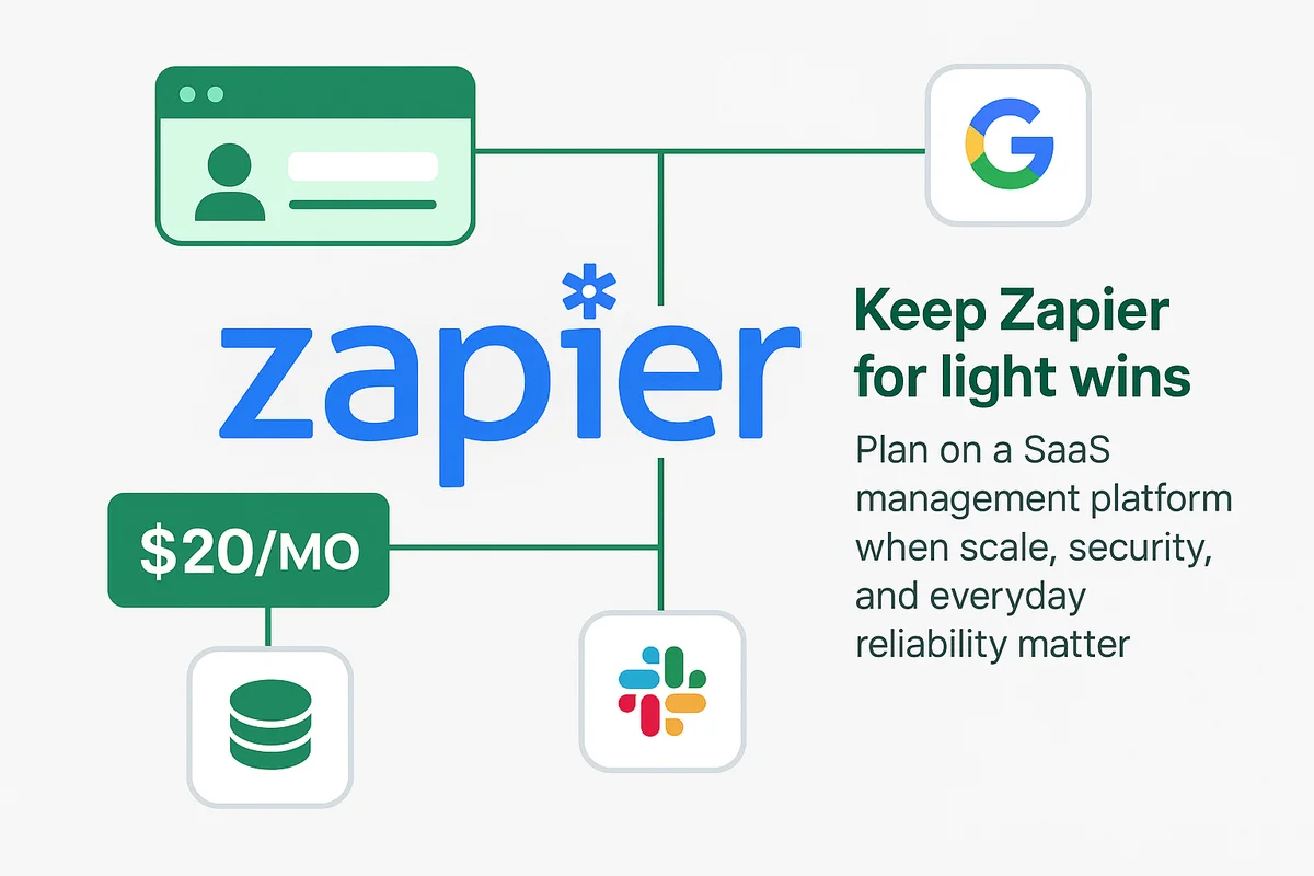 illustration of zapier's benefits and challenges in user provisioning as teams scale their saas tools.