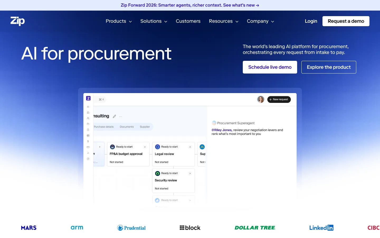 zip homepage showing a purchase request moving through budget, legal, security, and it review