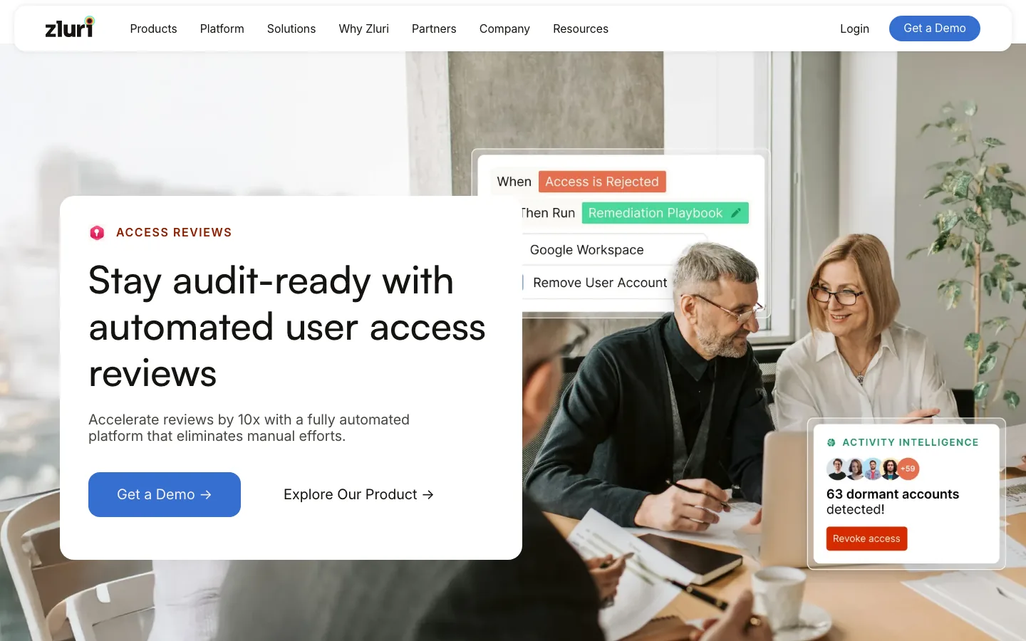 zluri access reviews page showing a remediation playbook that runs when access is rejected