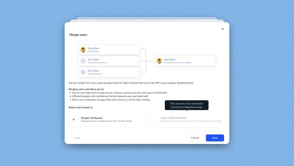 image of Torii interface allowing admin to merge multiple email aliases into a single user