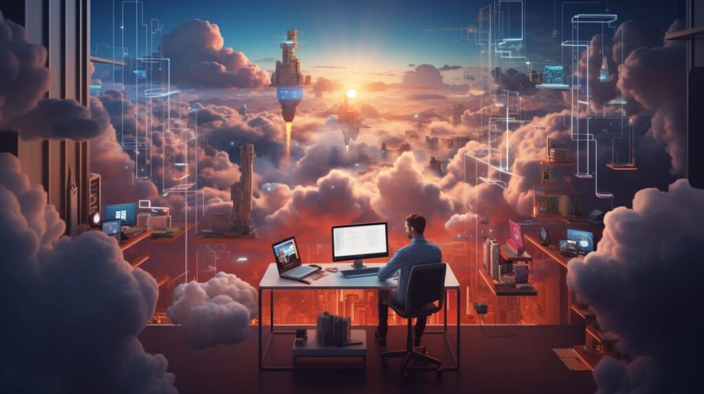 an IT professional looking over his workspace with a beautiful sunrise over the cloud covered horizon