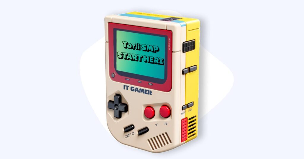 a retro hand held game console that says "Torii SMP—Start Here"