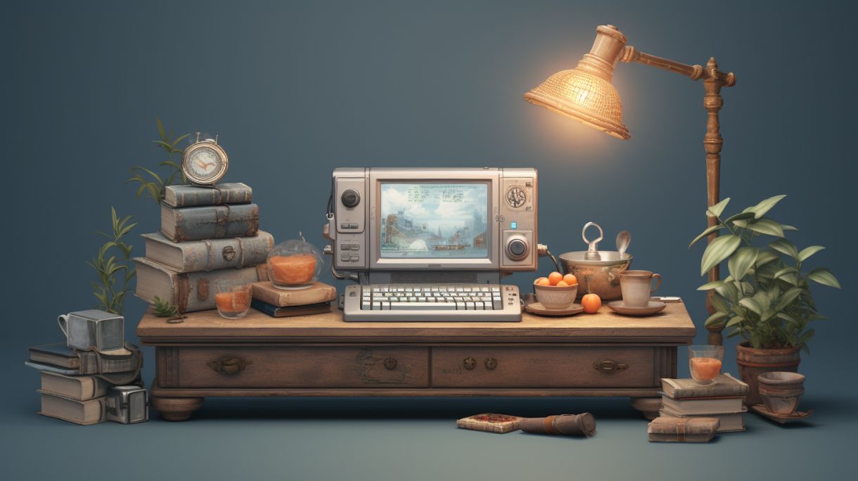 Old technology and books sitting upon a desk with an overhead light.