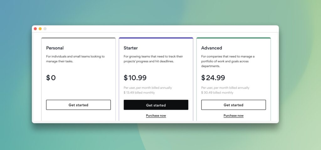 Pricing table for asana