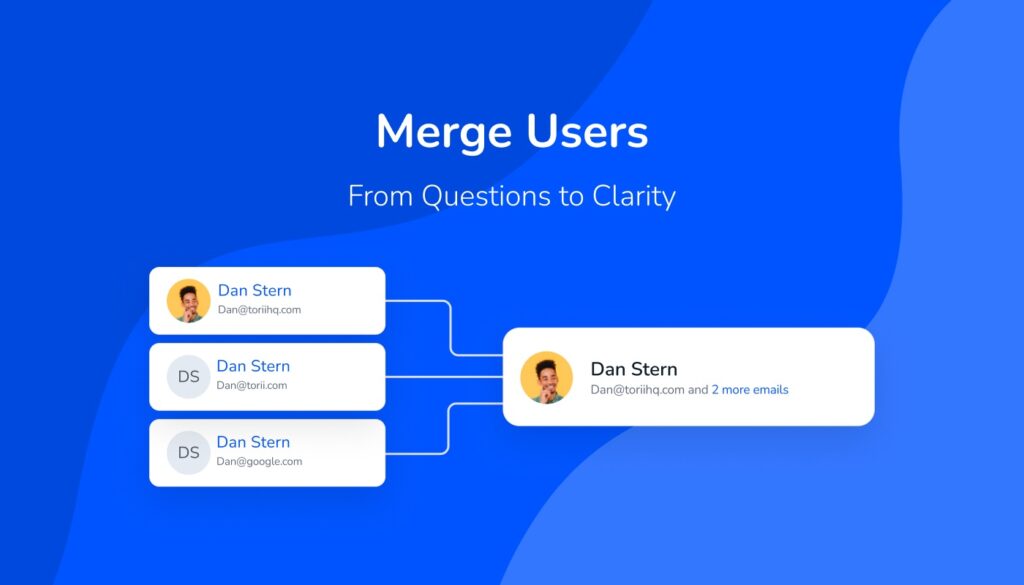 a visual representation of Torii interface allowing admin to merge multiple email aliases into a single user