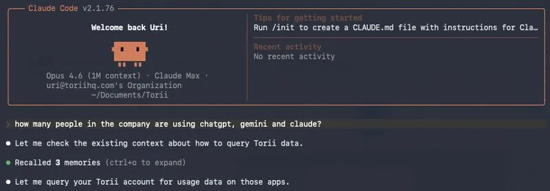 Claude Code querying Torii data to show how many employees use ChatGPT, Gemini, and Claude